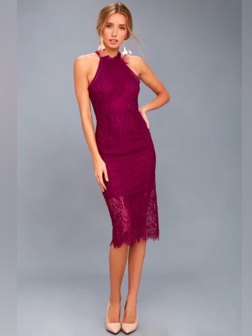 Lulu's Magenta Lace Halter Midi Dress